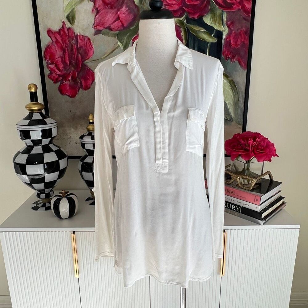 Splendid Women's Roll Up Long Sleeve Collared Tunic Henley Shirt White Small